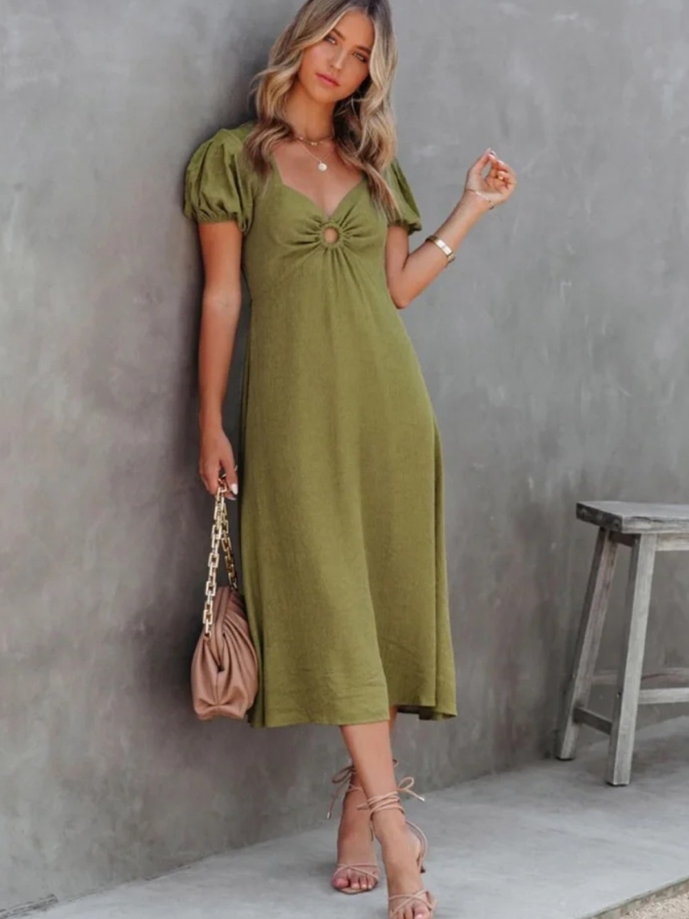 If By Sea Olive Green Puff Sleeve Midi Dress